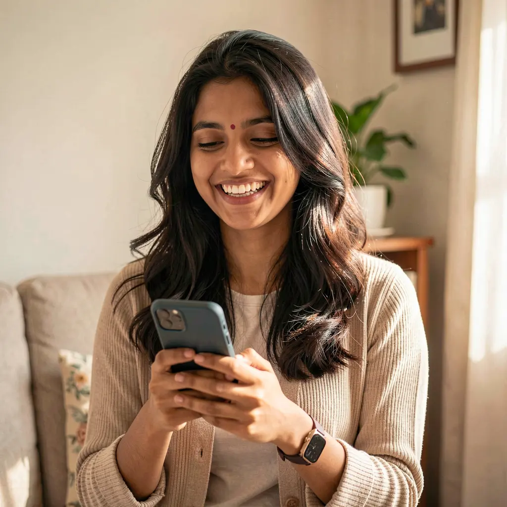 LS7 GAME App – Enjoy a smooth and user friendly mobile casino experience in India Happy Indian woman smiling while using the LS7 GAME mobile casino app on her smartphone in a cozy indoor setting