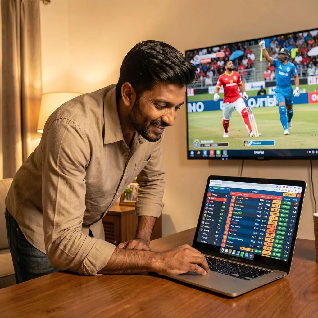 LS7 GAME – Experience real time cricket betting action for players in India Focused Indian sports bettor analyzing live cricket odds on a laptop with LS7 GAME branding while following match updates on TV in a cozy setting