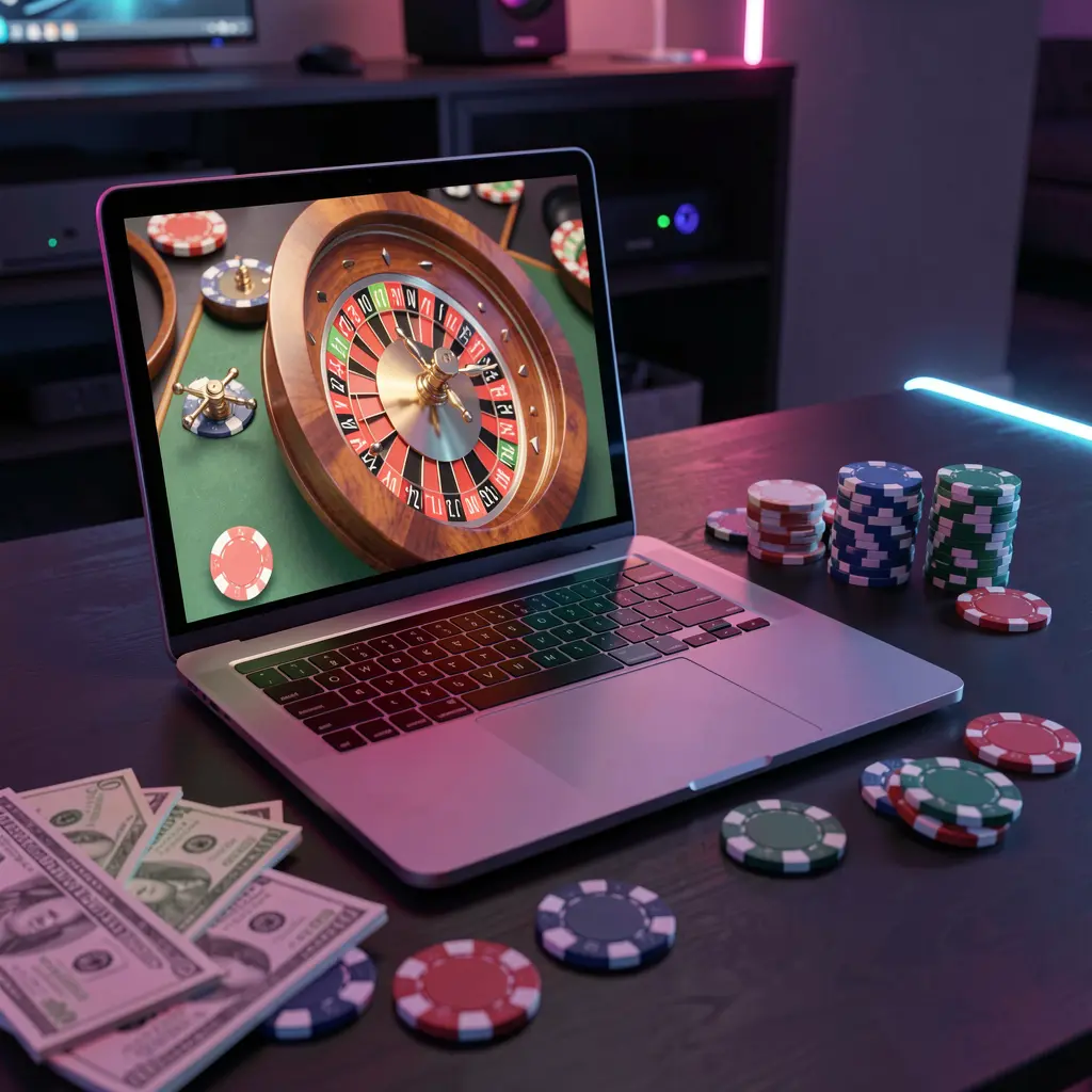 LS7 GAME – Discover immersive online casino games designed for India High definition digital roulette wheel on a laptop with stacks of casino chips creating an immersive LS7 GAME online casino atmosphere for Indian players